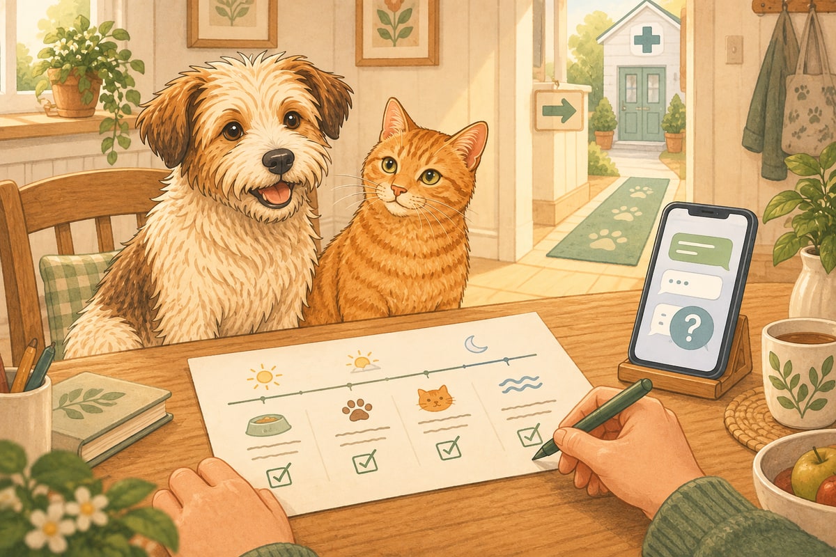 Scruffy dog and ginger cat beside an owner making a care timeline, with an abstract AI chat on a phone and a vet clinic in view.