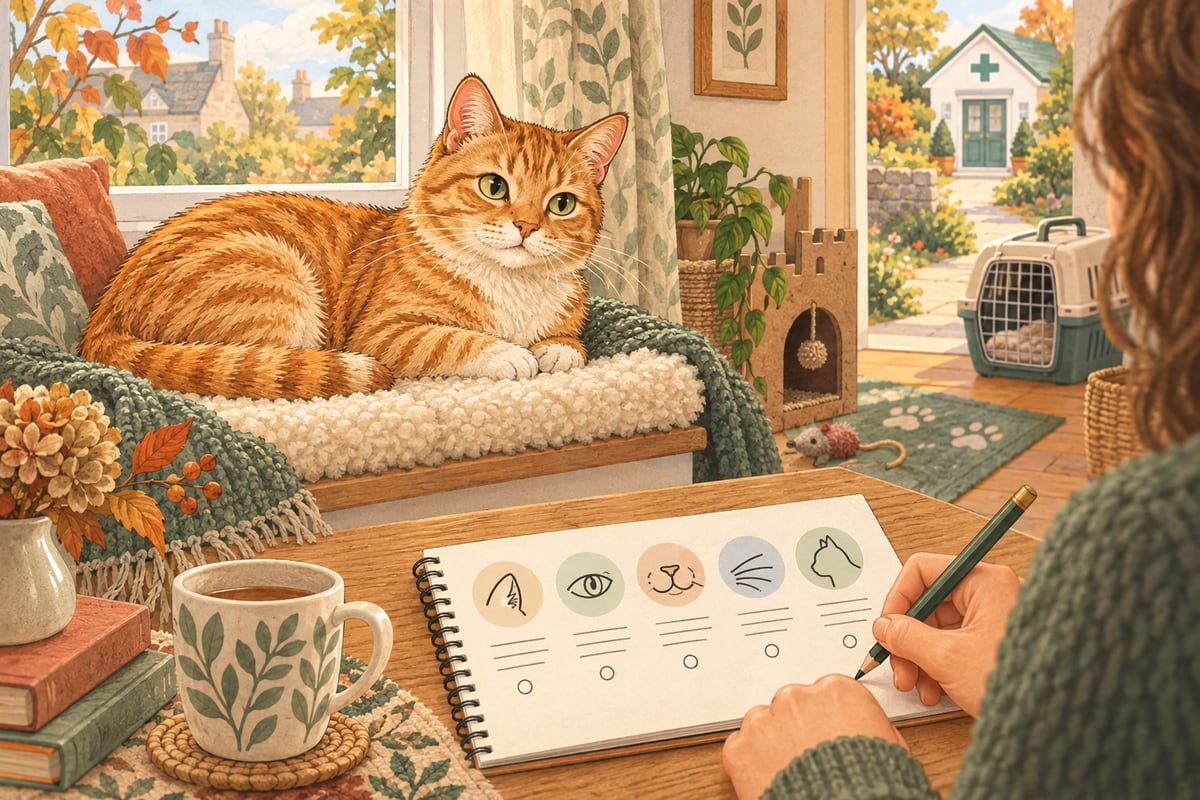 Awake ginger cat resting by a window while its owner quietly records five facial and behaviour observations before contacting a vet.
