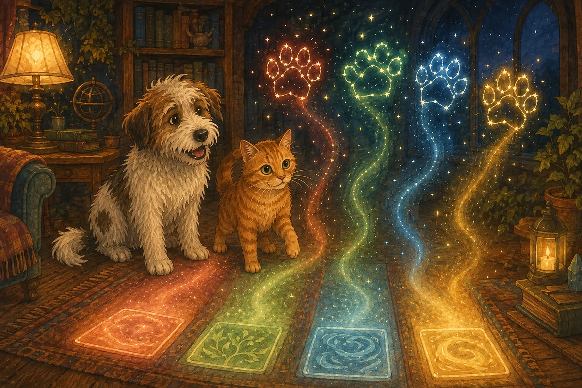 Scruffy dog and ginger cat choosing between four glowing, paw-print paths in a cosy magical study.